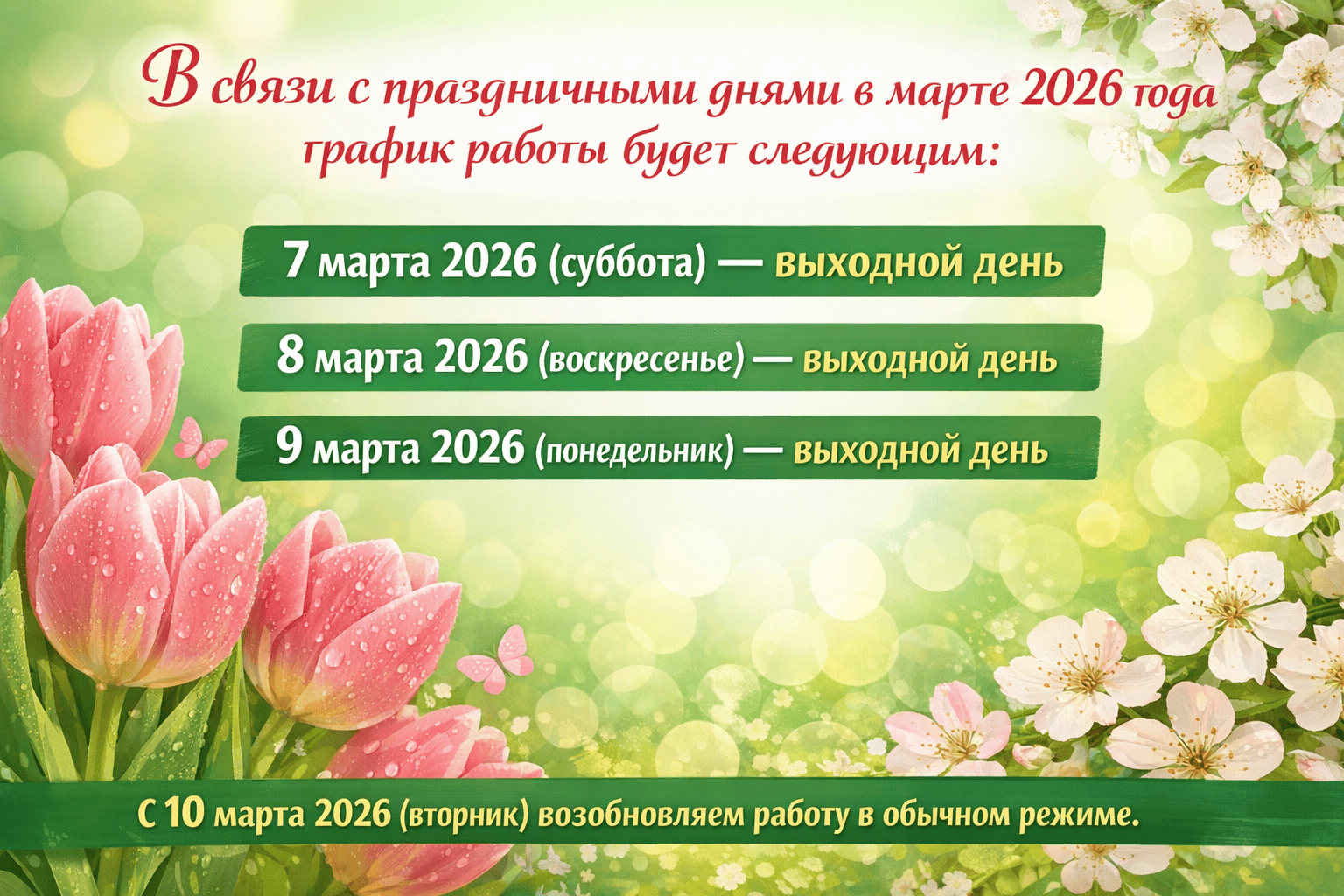 График работы в праздничные дни марта